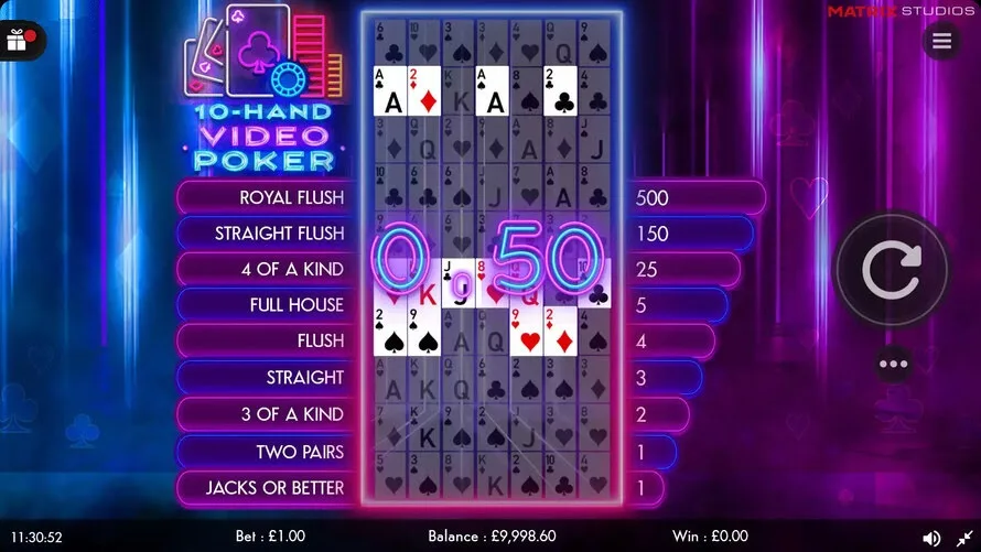 Gameplay of 10 Hand Video Poker